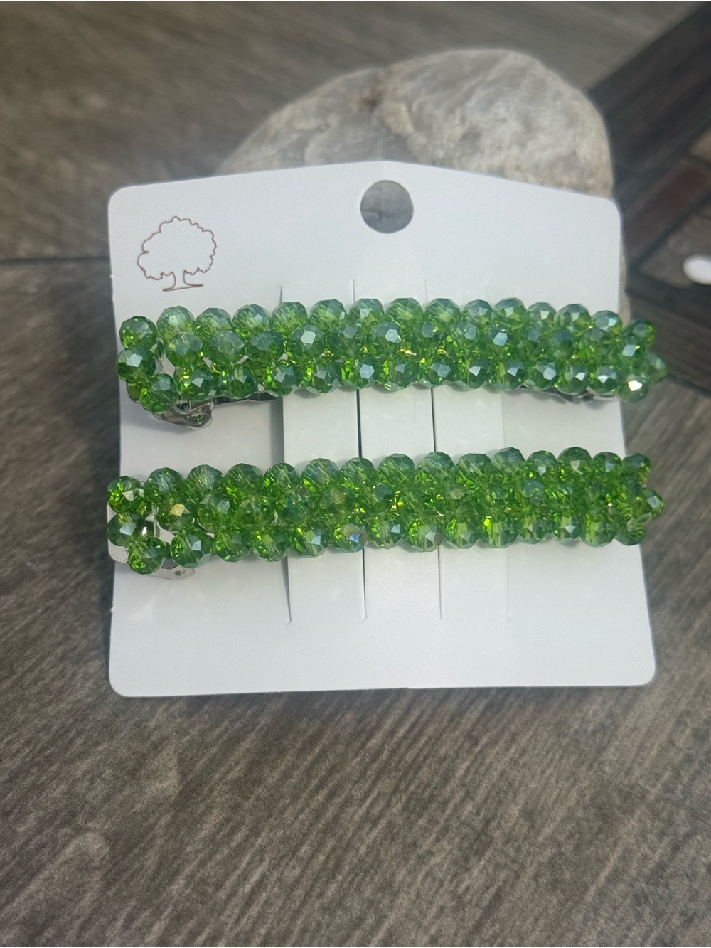 NWT 2pc Large Green Crystal Beaded Hair Clips - Set of 2
